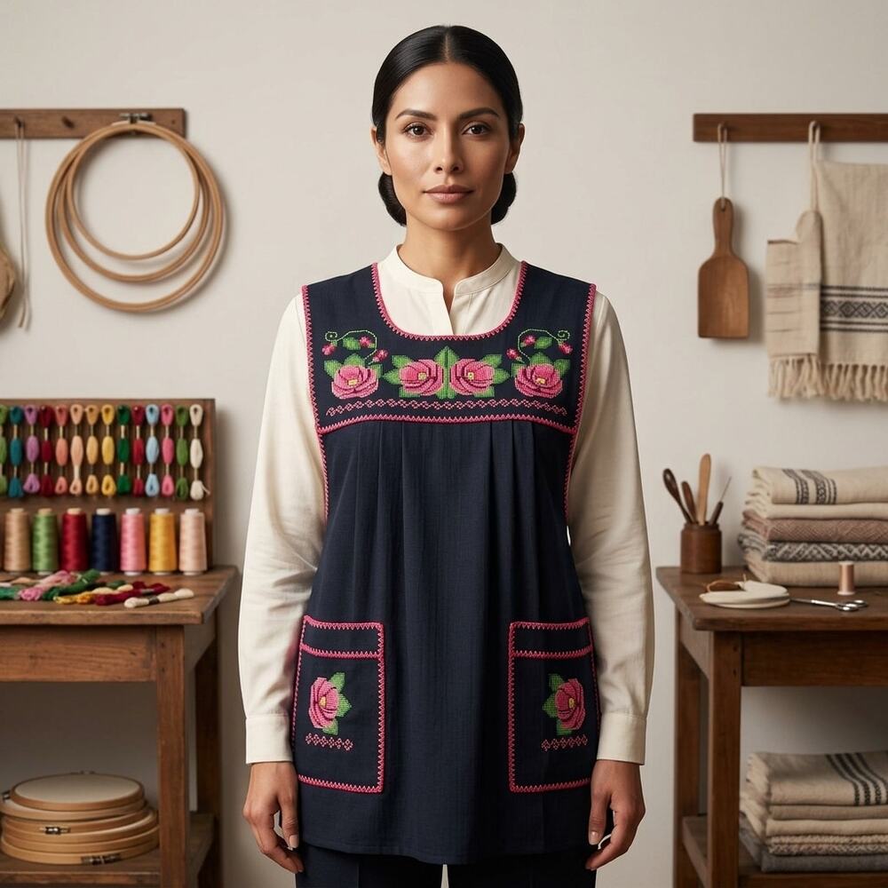 Traditional Mexican Cross-Stitch Embroidered Apron – Deluxe Artisan Smock Style